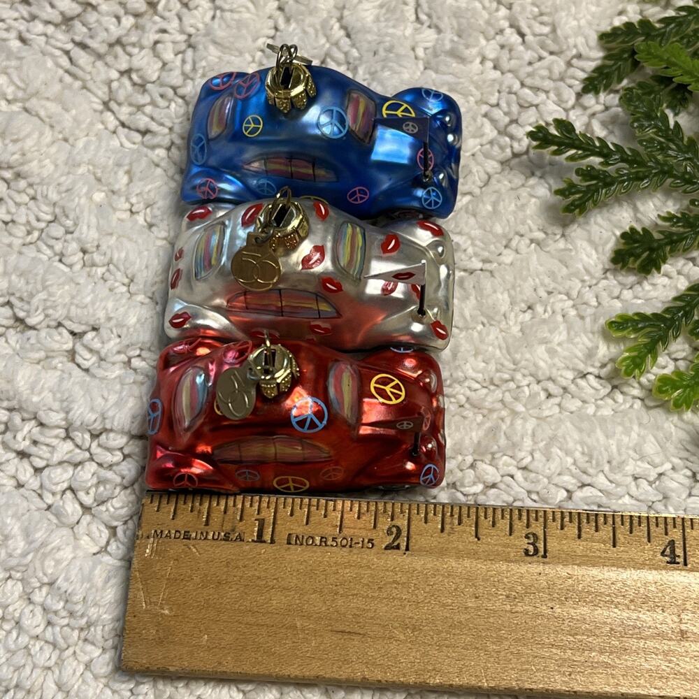 Dept 56 Set of 3 Glass Bug Beetle Car Ornaments Peace Lips Kiss Department - Picture 10 of 13
